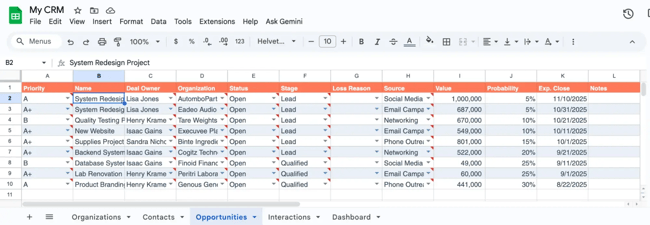 Track deals in Google sheets CRM